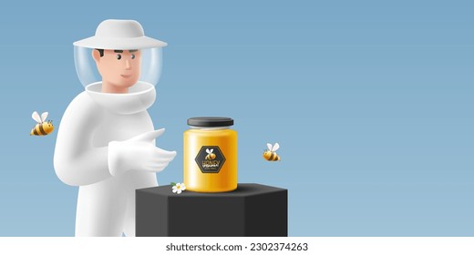 Ilustración de 3 d del apicultor que presenta un frasco de vidrio de miel arrojado por abejas, ilustración de promoción