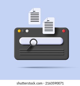 3d render illustration of browser window with search bar and files. Vector illustration