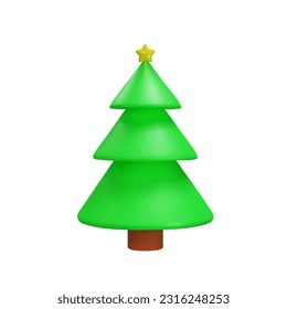 3d render illustration of Christmas trees with gold star. Decoration element for winter or summer seasons. Realistic plant for park. Vector illustration like decoration symbol in clay, plastic style