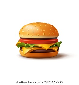 3d render illustration of classic burger with beef and cheese with vegetables and white bun with sesame