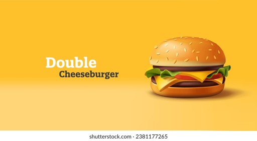 3d render illustration of classic burger with beef and cheese with vegetables and white bun with sesame seeds, isolated