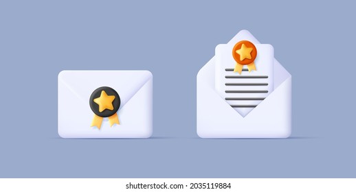 3d render illustration of envelop with stamp and open with letter, digital web icon style