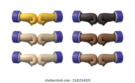 3d render illustration of fist, bump, or punch icon with various skin tones in cartoon style. 3d icon vector EPS 10.Version 3.