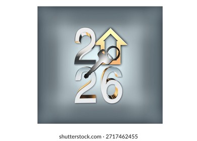 Ilustración de renderizado 3D para una tarjeta de felicitación o Anuncio. Plantilla de diseño creativo del año Nuevo 2026 con llaves de oro y un símbolo abstracto de la casa.