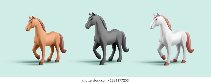 3 quinquies ilustraciones de caballos de diferentes razas y colores, colección, aislados