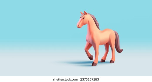 Ilustración 3d del caballo, icono plástico realista, paso de la fabricación de caballos, cola y mané marrones, cuerpo beige, aislado