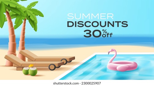 3d render illustration of a hotel swinning pool with flamingo swimming ring and palm trees with coconut cocktail and sunbed, summer discounts banner