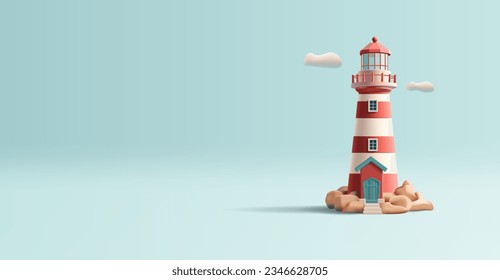 Ilustración 3d de un faro con baliza, edificio rojo y blanco, icono digital aislado