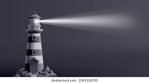 3d render illustration of a lighthouse at night with beacon shining and navigating the route