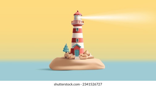 Ilustración 3d de un faro en una isla con balizas brillantes, rojas y blancas con rocas y árboles a su alrededor