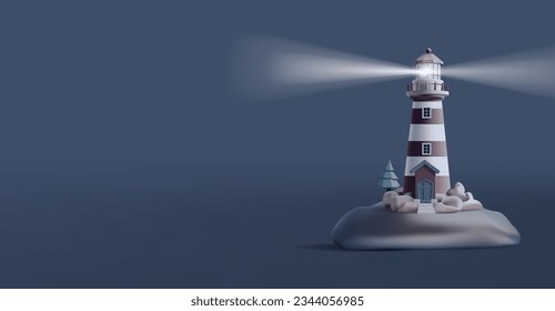 3d render illustration of a lighthouse on an island in the sea at night with beacon shining and navigating the route
