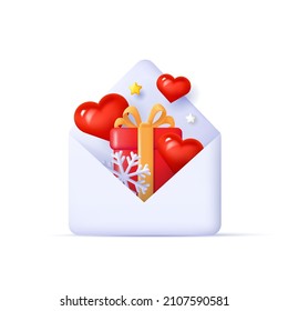 3d render illustration od an open envelope with love hearts and gift box with snowflake inside it