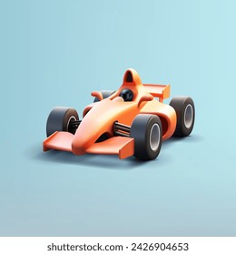 ilustración 3d render de coche deportivo rápido de carreras brillante naranja con piloto en casco negro, estilo de dibujos animados realista