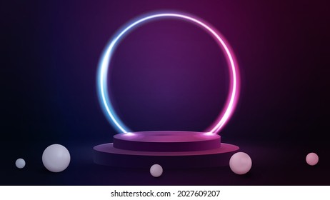 3d render illustration with pink and blue scene with realistic spheres and large gradient neon ring around podium.