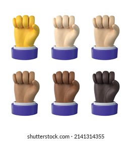 3d Render Illustration Of Raised Fist Icon With Various Skin Tones In Cartoon Style. 3d Icon Vector EPS 10.