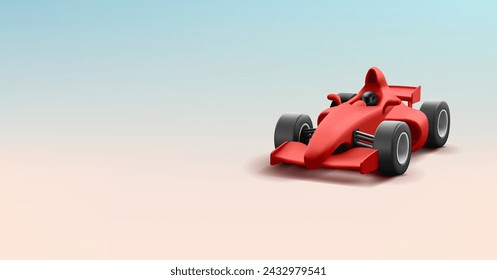 3D-Render-Illustration von Red Matte Racing Speedy Sportwagen mit Pilot in schwarzem Helm, realistischer Cartoon-Stil