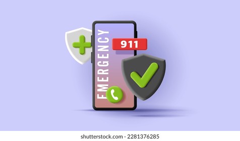 3d render illustration of a smartphone with emergency police number and call button with shield for protaction and medical help