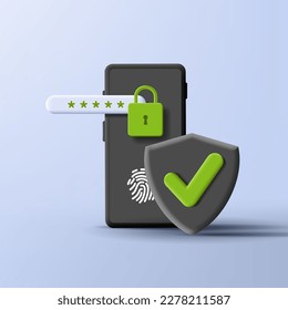 3d render illustration of a smartphone with fingerprint password with protection shield and padlock