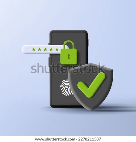 3d render illustration of a smartphone with fingerprint password with protection shield and padlock