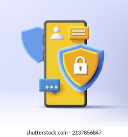 3d render illustration of a smartphone with shield and messages, a concept of security and privacy, safe chat, protection