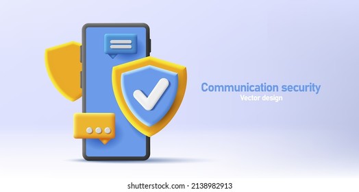 3d render illustration of a smartphone with shield and messages, a concept of security and privacy, safe chat, protection