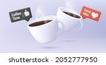 3d render illustration of two cups with coffee in banner composition  icons of like tags with heart and hand