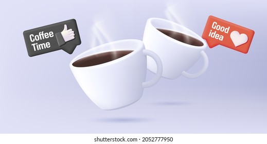 3d render illustration of two cups with coffee in banner composition  icons of like tags with heart and hand