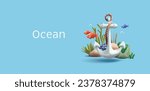 3d render illustration of underwater coral reef with fish and sailing anchor, cartoon diving or snorkeling composition in blue water