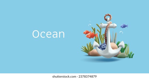 3d render illustration of underwater coral reef with fish and sailing anchor, cartoon diving or snorkeling composition in blue water svg
