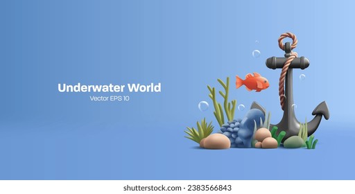 3d render illustration of underwater world coral reef with gold fish and black sailing anchor, render cartoon diving or snorkeling composition