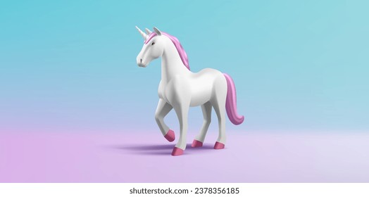 3d render illustration of unicorn horse with pink mane and tale, white animal, volume shape, cartoon character