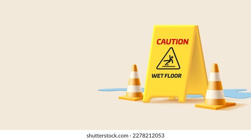 3d render illustration of yellow plastic wet floor sign with watter split and cones - Shutterstock ID 2278212053