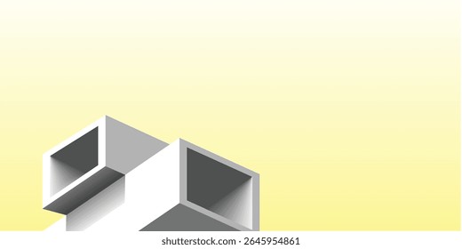  Uma renderização 3D de cubos brancos geométricos interconectados com interiores ocos, empilhados em uma formação arquitetônica abstrata.