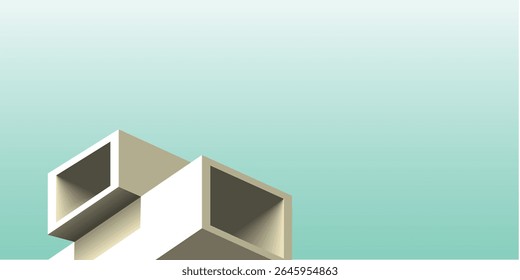  Uma renderização 3D de cubos brancos geométricos interconectados com interiores ocos, empilhados em uma formação arquitetônica abstrata.