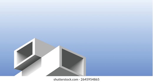  Uma renderização 3D de cubos brancos geométricos interconectados com interiores ocos, empilhados em uma formação arquitetônica abstrata.
