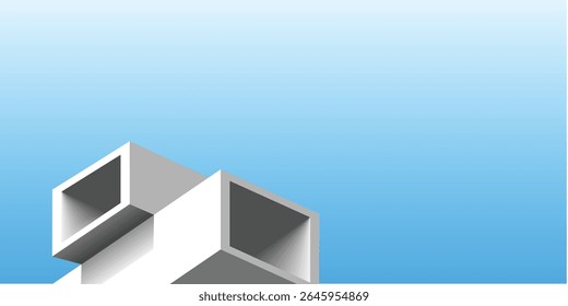  Uma renderização 3D de cubos brancos geométricos interconectados com interiores ocos, empilhados em uma formação arquitetônica abstrata.