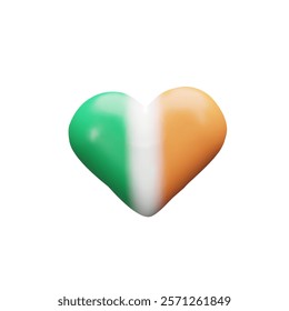 3d render Ireland flag heart shape. Three-dimensional vector illustration Irish national symbol. Patriotism sign of European country. Green, white, orange textile freedom decoration. St. Patricks Day