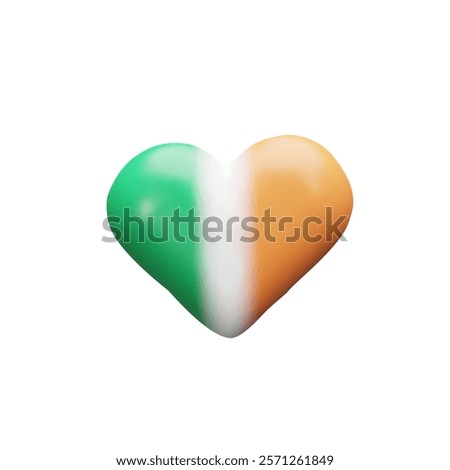 3d render Ireland flag heart shape. Three-dimensional vector illustration Irish national symbol. Patriotism sign of European country. Green, white, orange textile freedom decoration. St. Patricks Day