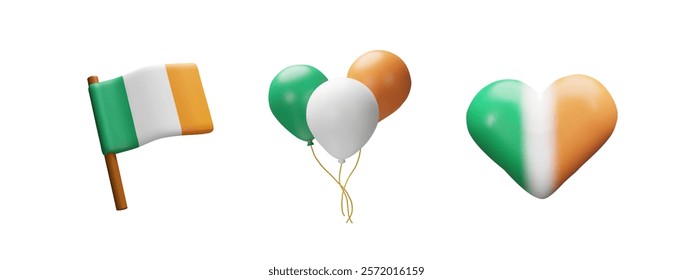 3d render Ireland set. Three-dimensional vector illustration of flag, balloon and heart. Patriotism signs in national colors. Government emblems and symbols. St. Patricks Day or Independence Day