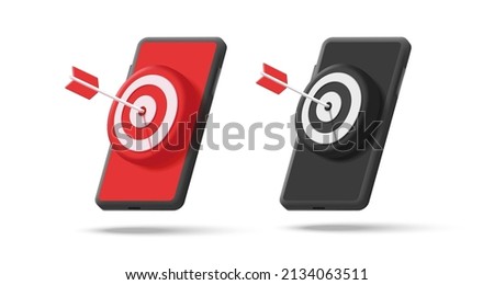 3d render isometric icon of a smartphone with target board and arrow in the center in red and black colors, isolated