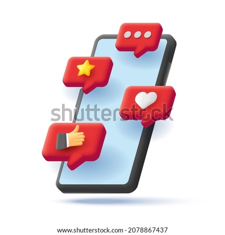 3d render isometric illustration of a black smartphone with red push bubbles about notifications of likes, stars, messages and hand with thumb up