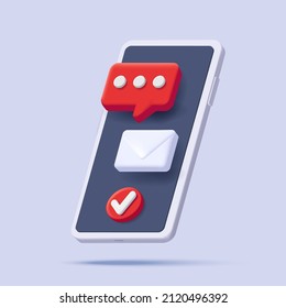 3d render isometric illustration of a white smartphone with push messages and email envelope, isolated composition