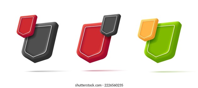 3d render isometric shields icon, empty shape in different colors with badge on top corner