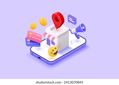 3D Render isometric view Online shopping. Smart concept of E-commerce. 3D floating related elements around shop. Secure online shopping concept.  3d vector render illustration