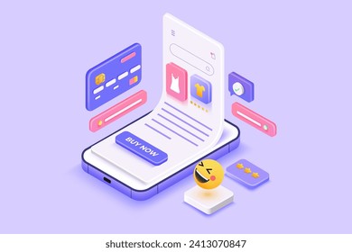 Vista isométrica 3D Comprar en línea. Concepto inteligente de M-commerce. Elementos relacionados con la flotación 3D alrededor de la tienda. Concepto seguro de compras en línea.  Ilustración vectorial 3d