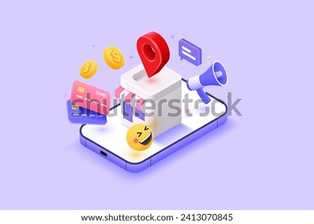 3D Render isometric view Online shopping. Smart concept of E-commerce. 3D floating related elements around shop. Secure online shopping concept.  3d vector render illustration