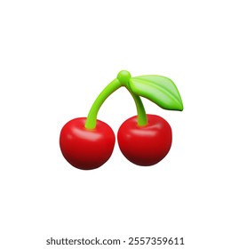 3d render juicy cherry. Three-dimensional vector illustration. Red ripe berry with leaf. Fresh vitamin ingredient for vegetarian sweet dessert. Tasty jam, wine, aroma. Delicious healthy harvest