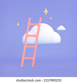 3d render ladder, clouds and stars .Stairway to heaven icon. Reach, draem, creative, growth concept. Symbol of business success . Vector cartoon illustration.