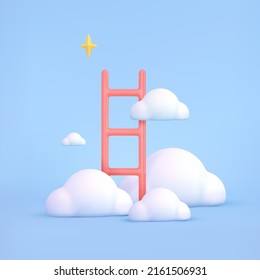 3d render ladder, clouds and stars .Stairway to heaven icon. Reach, draem, creative, growth concept. Symbol of business success . Vector cartoon illustration.