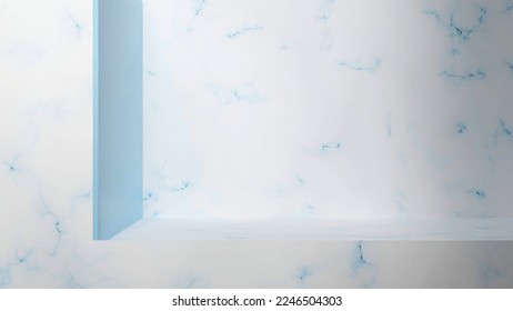 3d render light blue marble background with podium for showcase beauty products. Mockup for luxury banner with stone shelf. Clean board in minimalistic interior.